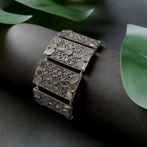 Etnico Silver Oxidised Afghani Traditional Mirror Work Stretch Bracelet For Women (ADB500OX)
