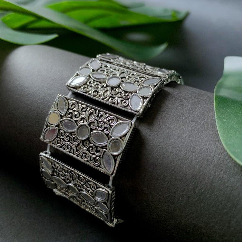 Etnico Silver Oxidised Afghani Traditional Mirror Work Stretch Bracelet For Women (ADB500OX)