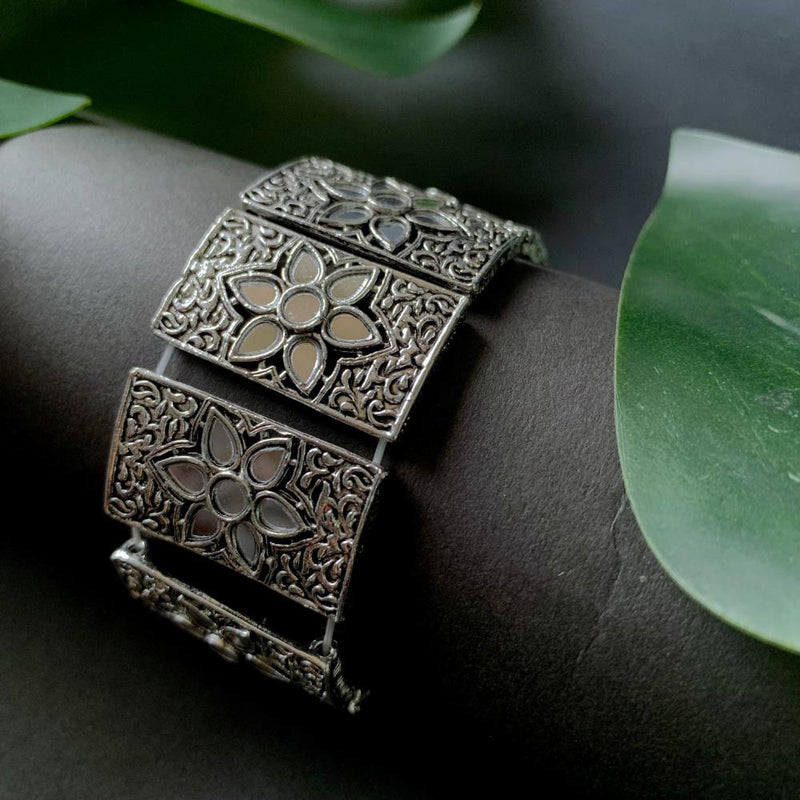 Etnico Silver Oxidised Afghani Traditional Mirror Work Stretch Bracelet For Women (ADB501OX)