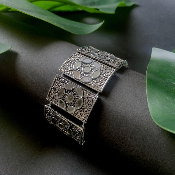 Etnico Silver Oxidised Afghani Traditional Mirror Work Stretch Bracelet For Women (ADB502OX)