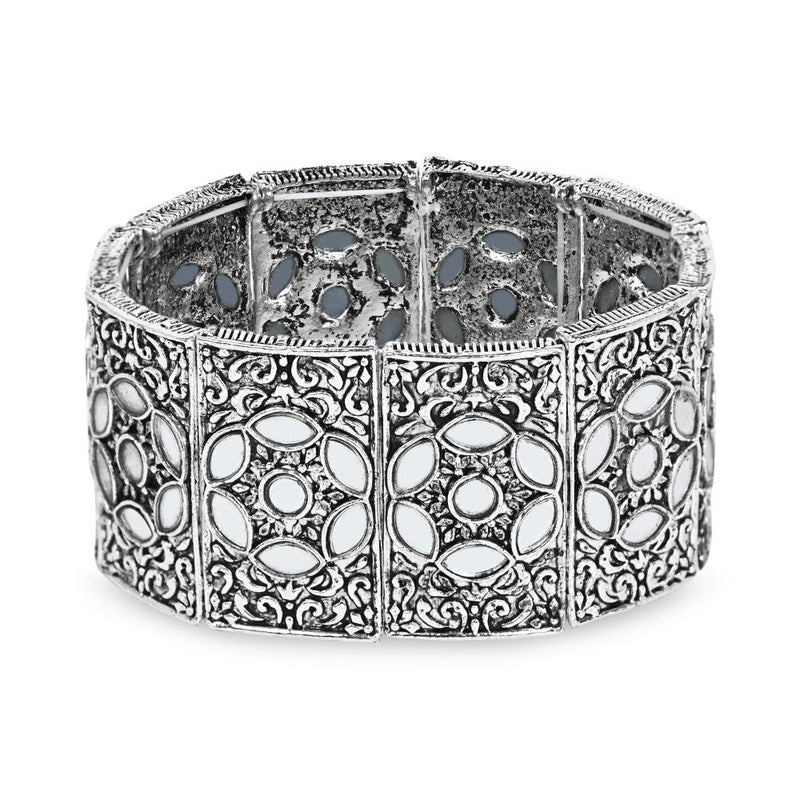 Etnico Silver Oxidised Afghani Traditional Mirror Work Stretch Bracelet For Women (ADB502OX)