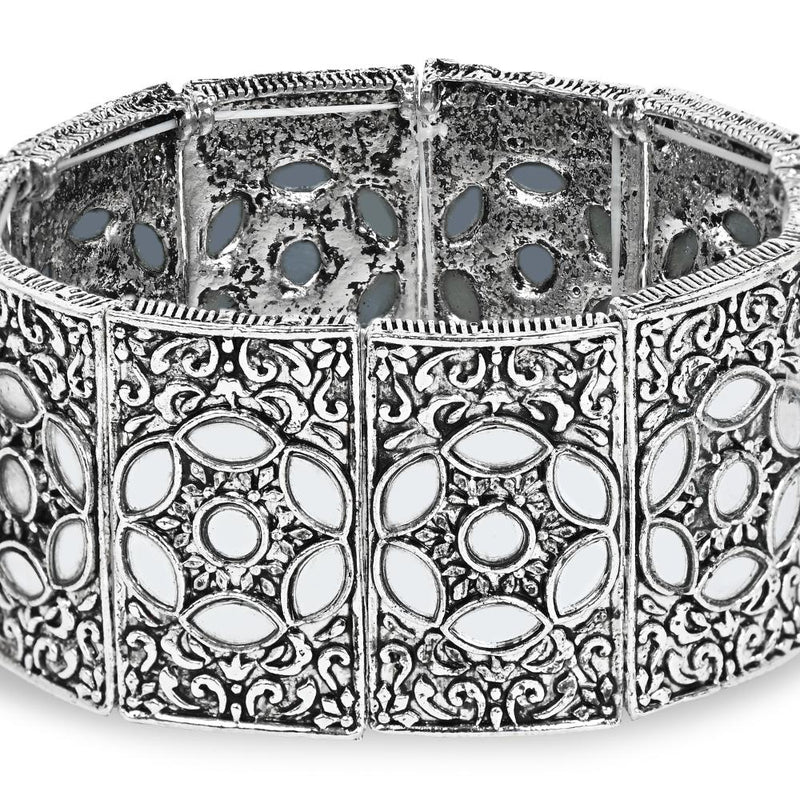 Etnico Silver Oxidised Afghani Traditional Mirror Work Stretch Bracelet For Women (ADB502OX)