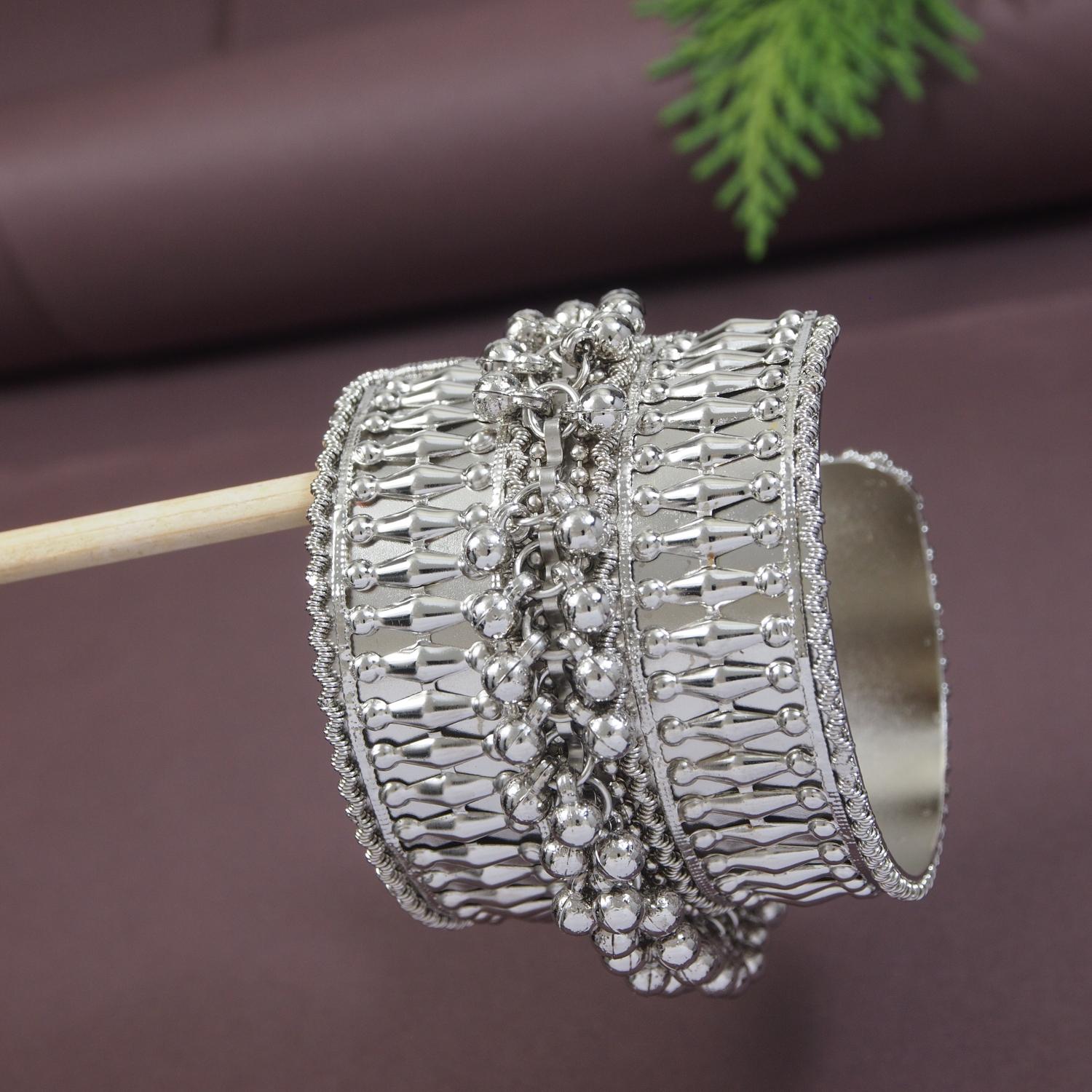 Etnico Navratri Ethnic Silver Oxidised Adjustable Afghani Ghungroo Cuff Kada Bracelet For Women (Style 2)