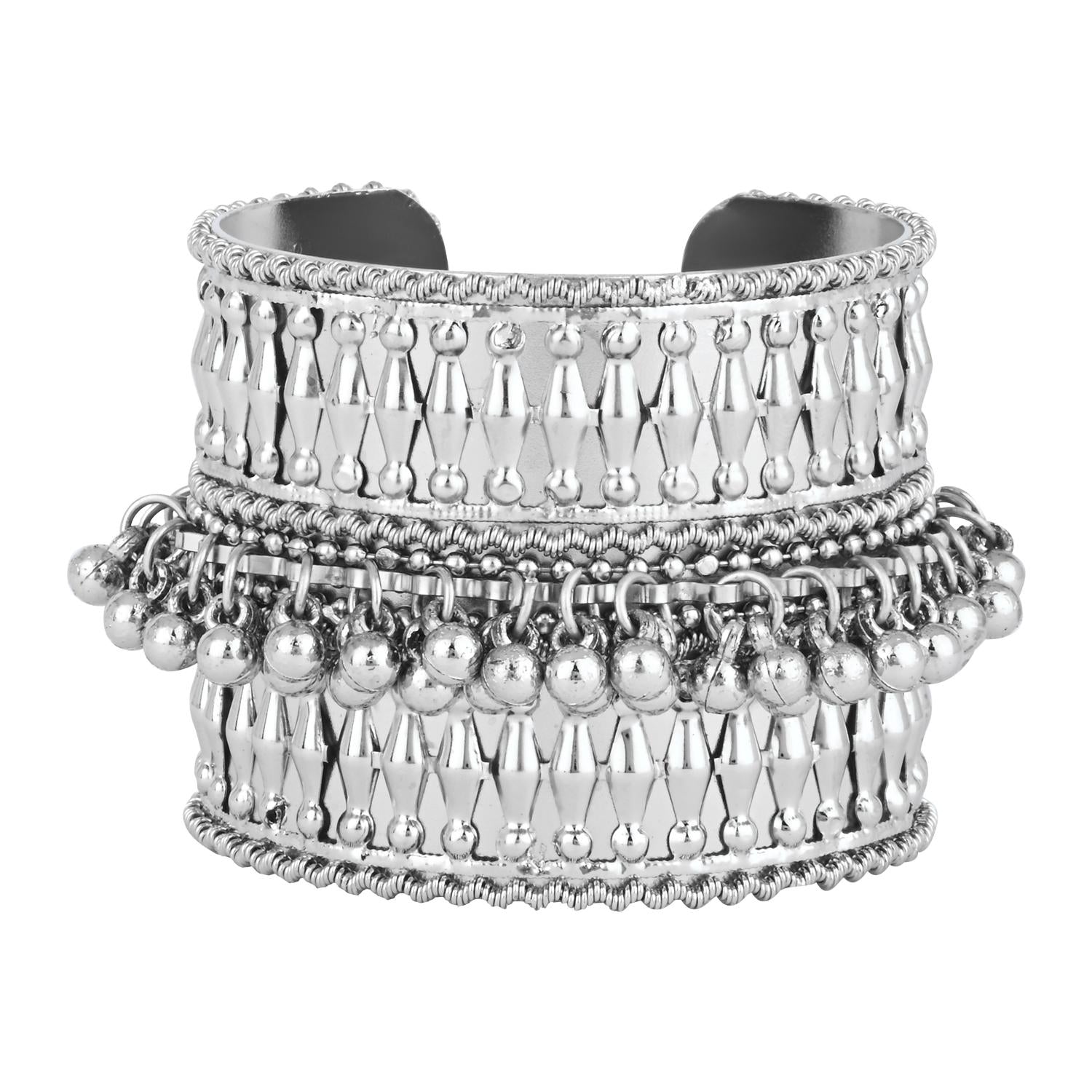 Etnico Navratri Ethnic Silver Oxidised Adjustable Afghani Ghungroo Cuff Kada Bracelet For Women (Style 2)