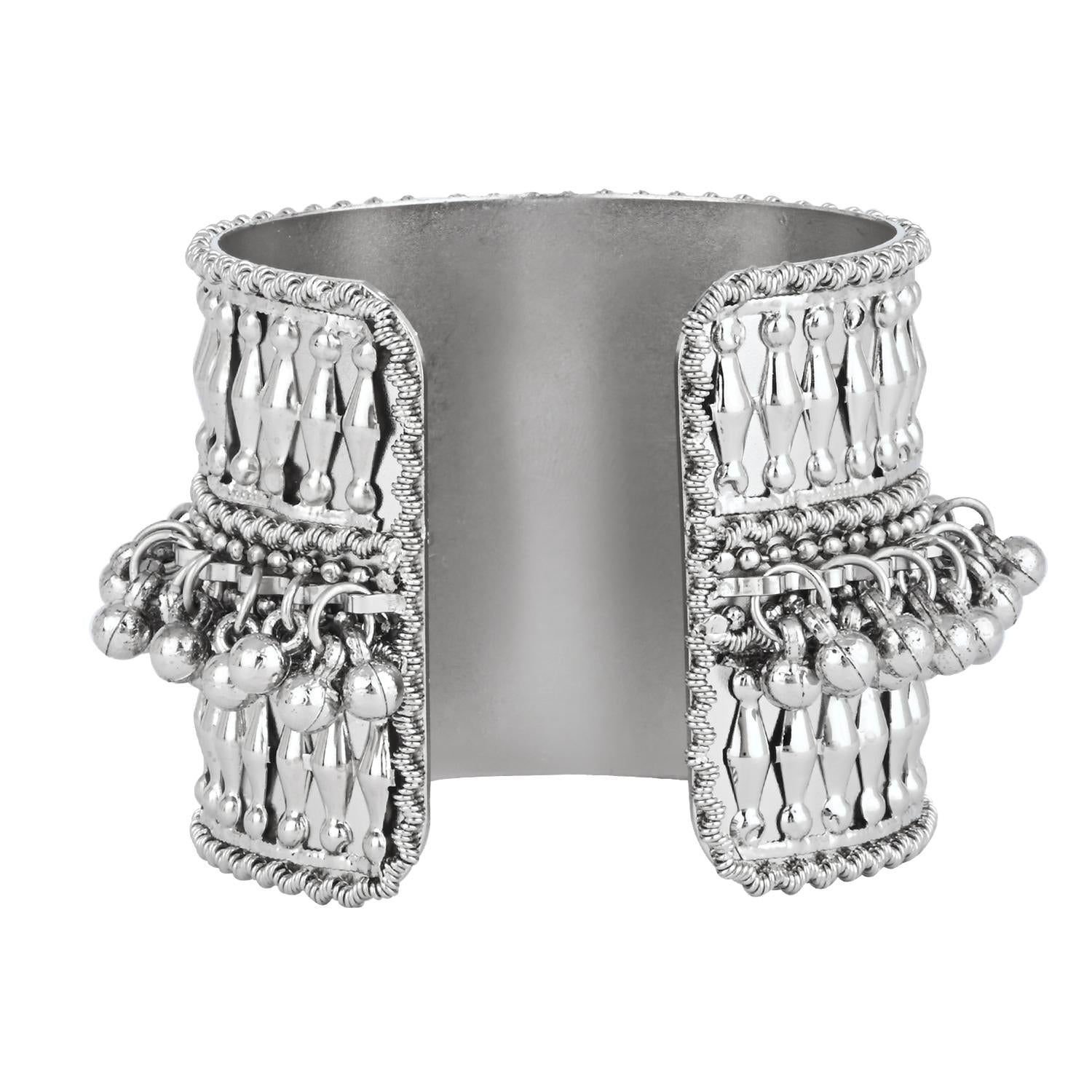Etnico Navratri Ethnic Silver Oxidised Adjustable Afghani Ghungroo Cuff Kada Bracelet For Women (Style 2)
