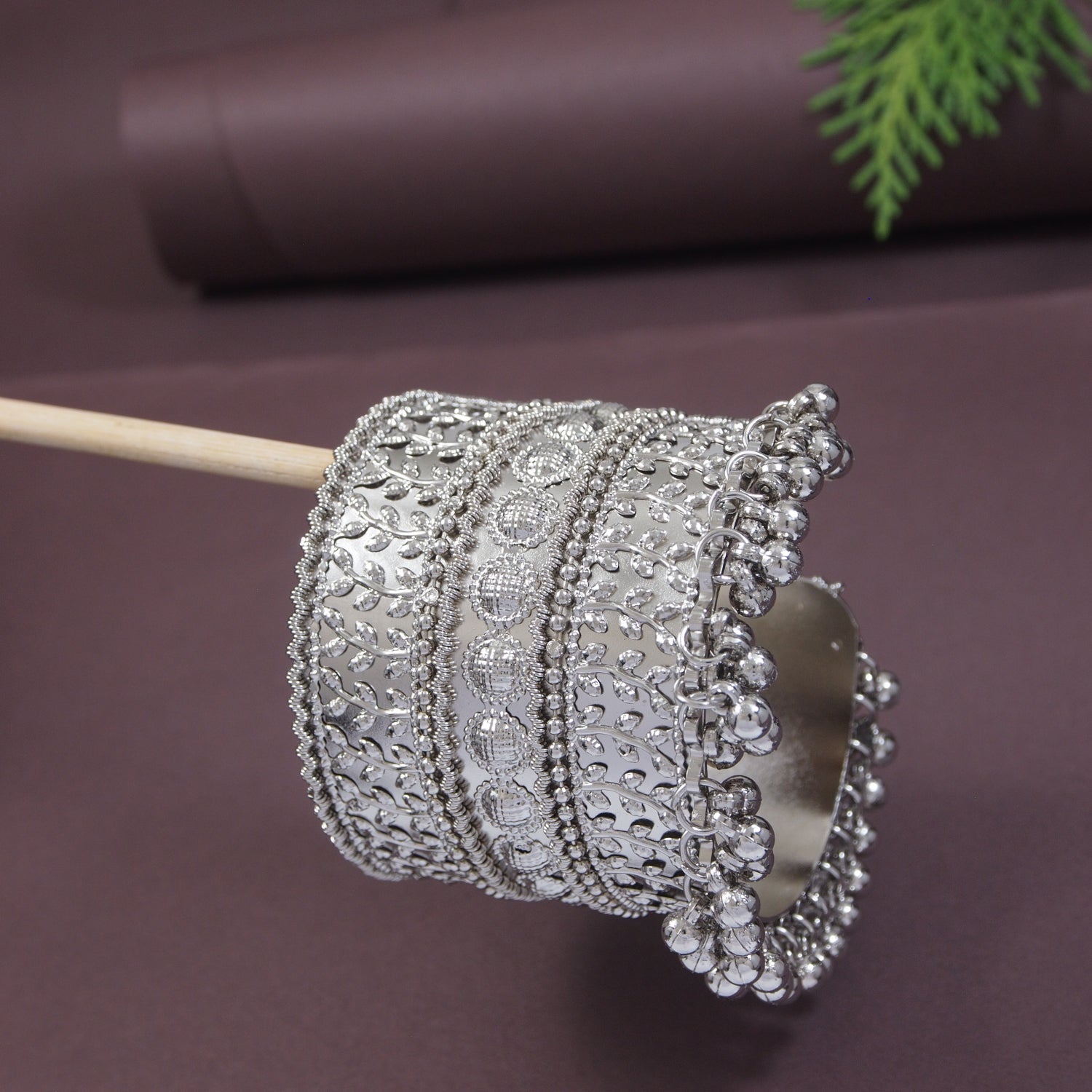 Etnico Navratri Ethnic Silver Oxidised Afghani Ghungroo Adjustable Cuff Kada Bracelet For Women (ADB516OX)