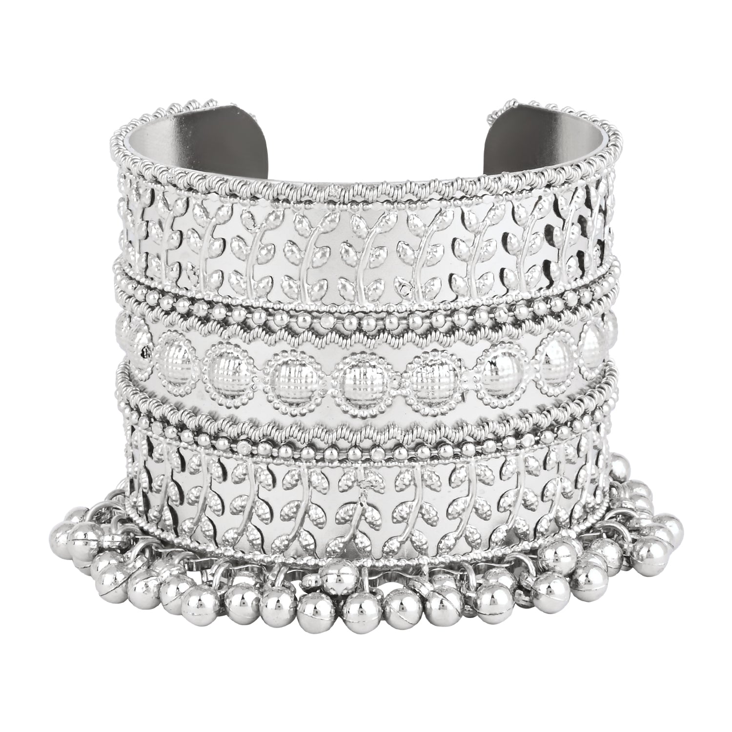 Etnico Navratri Ethnic Silver Oxidised Afghani Ghungroo Adjustable Cuff Kada Bracelet For Women (ADB516OX)