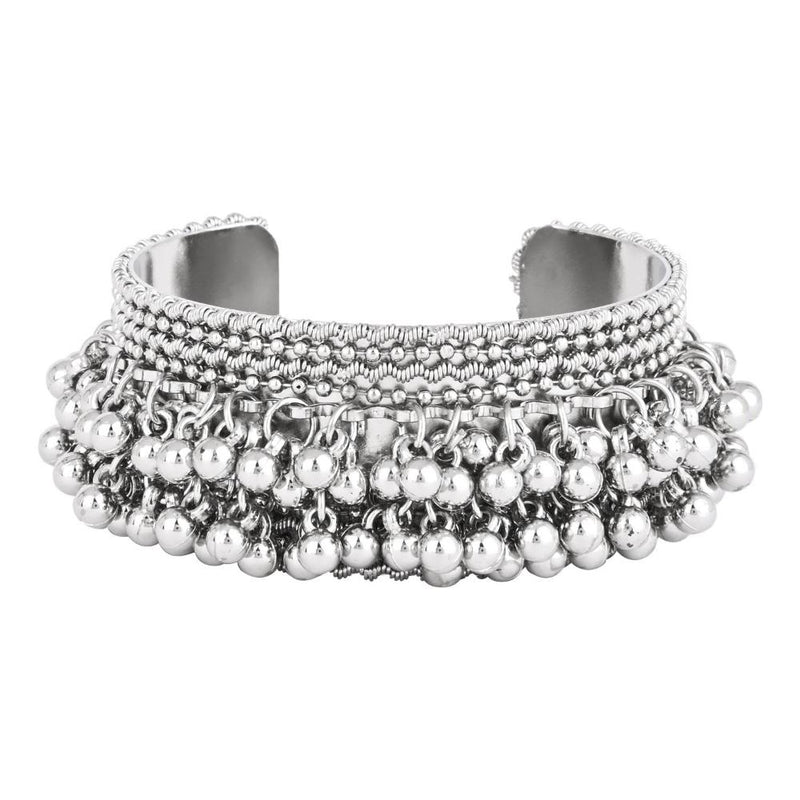 Etnico Silver Oxidised Afghani Ghungroo Adjustable Cuff Kada Bracelet For Women (ADB517OX)