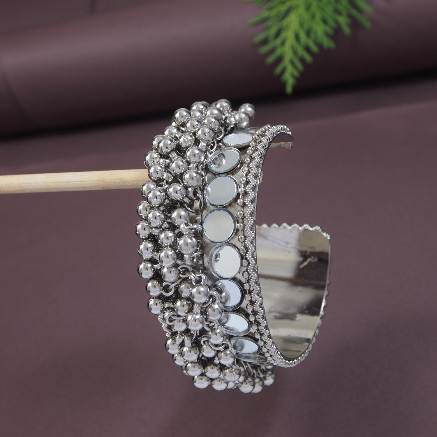 Etnico Navratri Ethnic Silver Oxidised Afghani Ghungroo Adjustable Cuff Kada Bracelet For Women (Style-2)