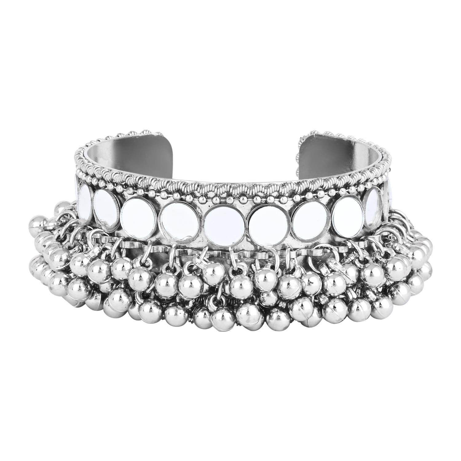 Etnico Navratri Ethnic Silver Oxidised Afghani Ghungroo Adjustable Cuff Kada Bracelet For Women (Style-2)