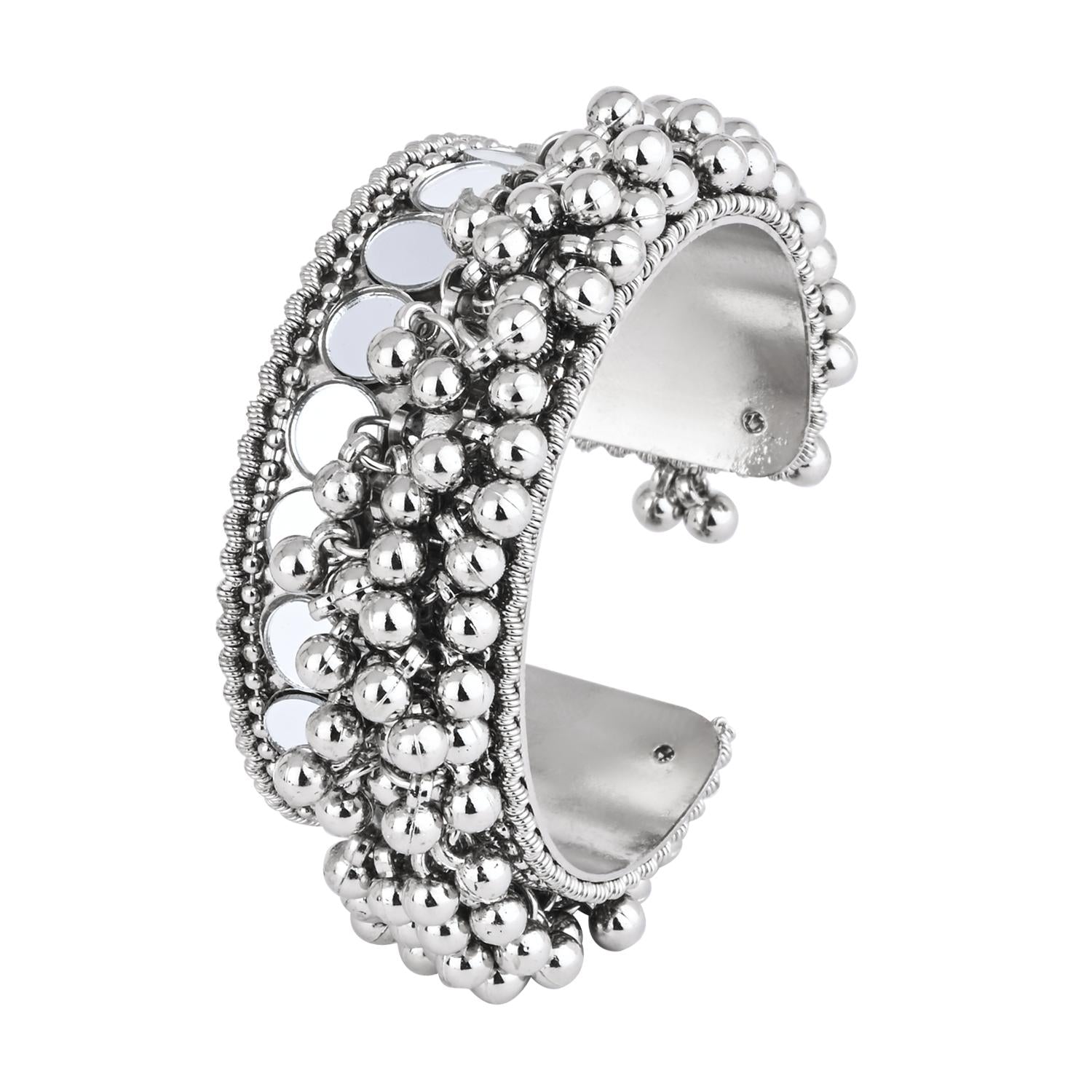 Etnico Navratri Ethnic Silver Oxidised Afghani Ghungroo Adjustable Cuff Kada Bracelet For Women (Style-2)