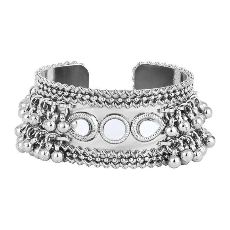 Etnico Silver Oxidised Afghani Ghungroo & Mirror Work Adjustable Cuff Kada Bracelet For Women (ADB519OX)