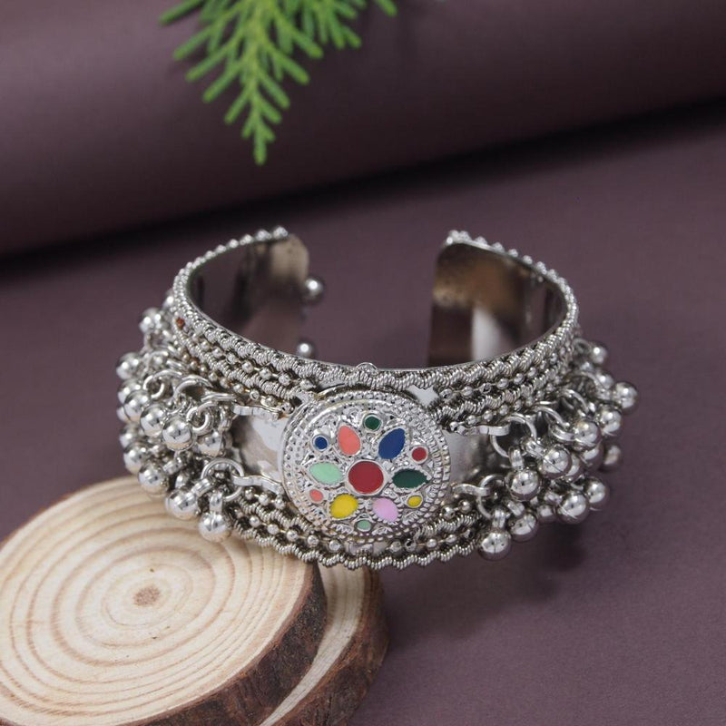 Etnico Silver Oxidised Afghani Ghungroo with Colorful Design Adjustable Cuff Kada Bracelet For Women (ADB520OX)