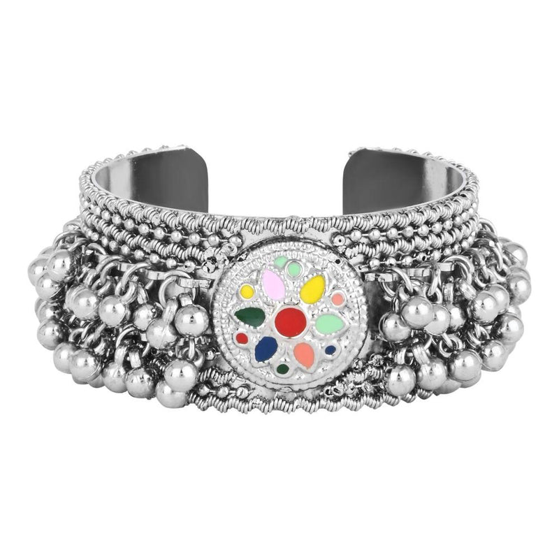 Etnico Silver Oxidised Afghani Ghungroo with Colorful Design Adjustable Cuff Kada Bracelet For Women (ADB520OX)