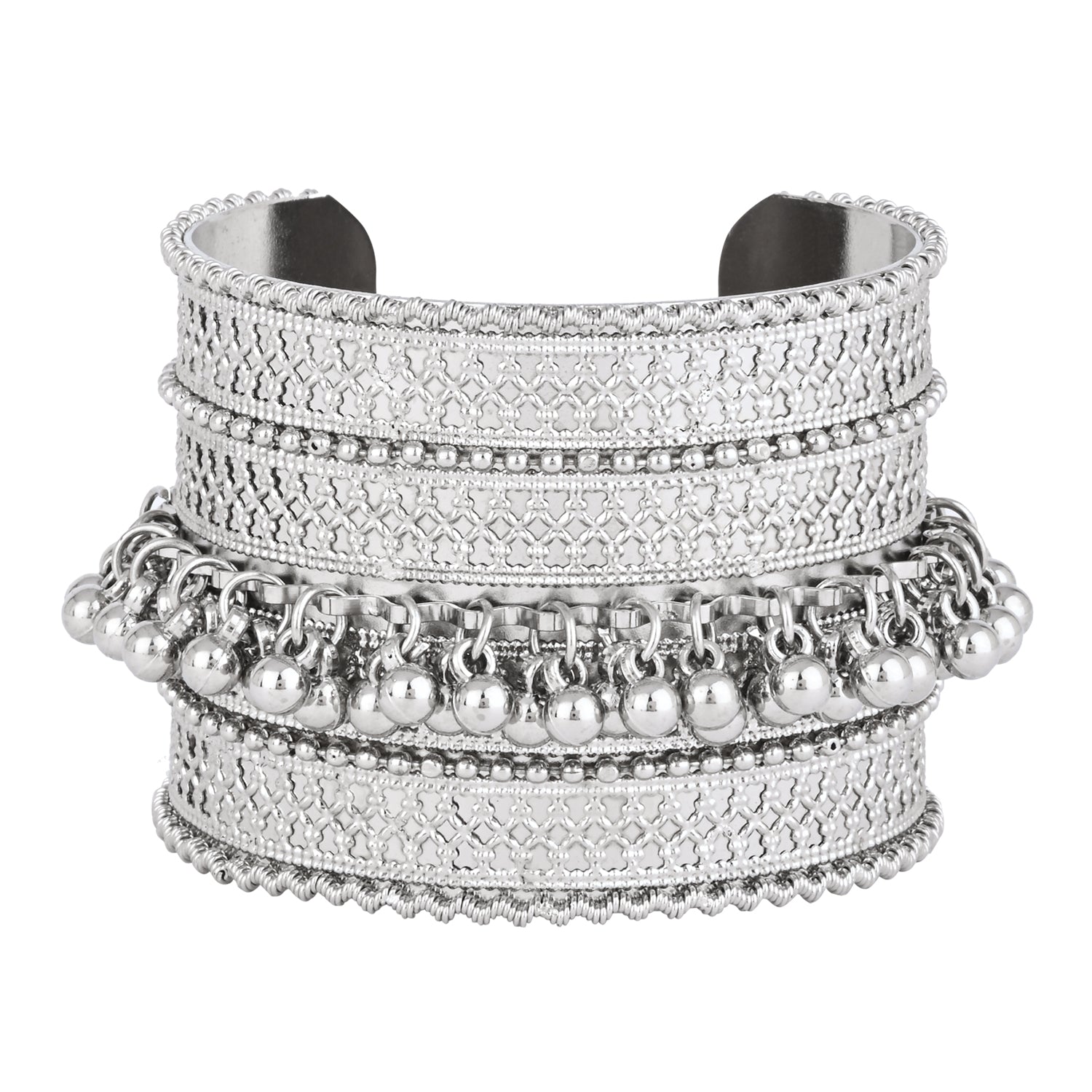 Etnico Navratri Ethnic Silver Oxidised Adjustable Afghani Ghungroo Cuff Kada Bracelet For Women (Style 3)