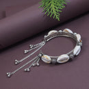 Etnico Navratri Ethnic Silver Oxidised Afghani Boho Cowrie Shell Adjustable Cuff Kada Bracelet For Women