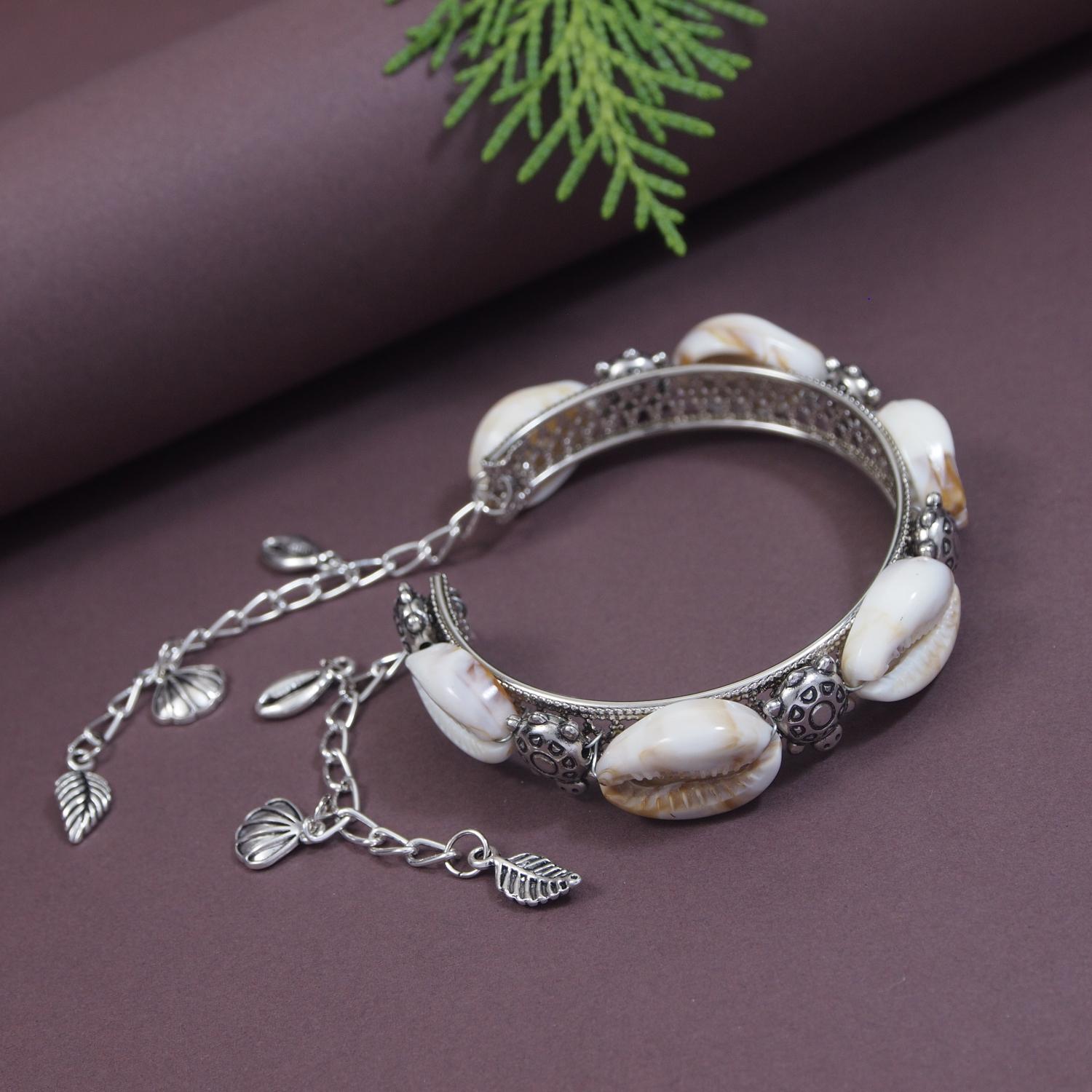 Etnico Navratri Ethnic Silver Oxidised Afghani Boho Cowrie Shell Adjustable Cuff Kada Bracelet For Women (Style 2)