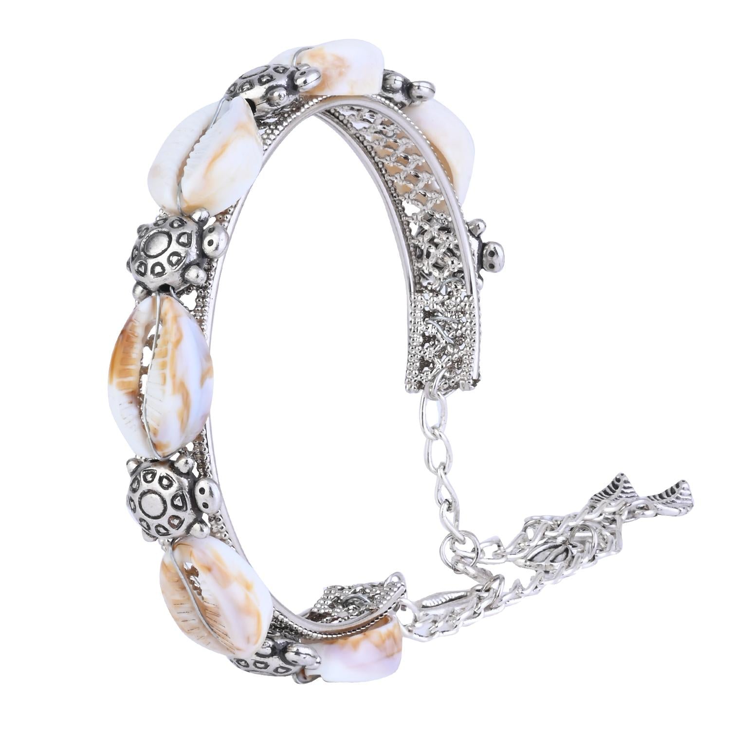 Etnico Navratri Ethnic Silver Oxidised Afghani Boho Cowrie Shell Adjustable Cuff Kada Bracelet For Women (Style 2)