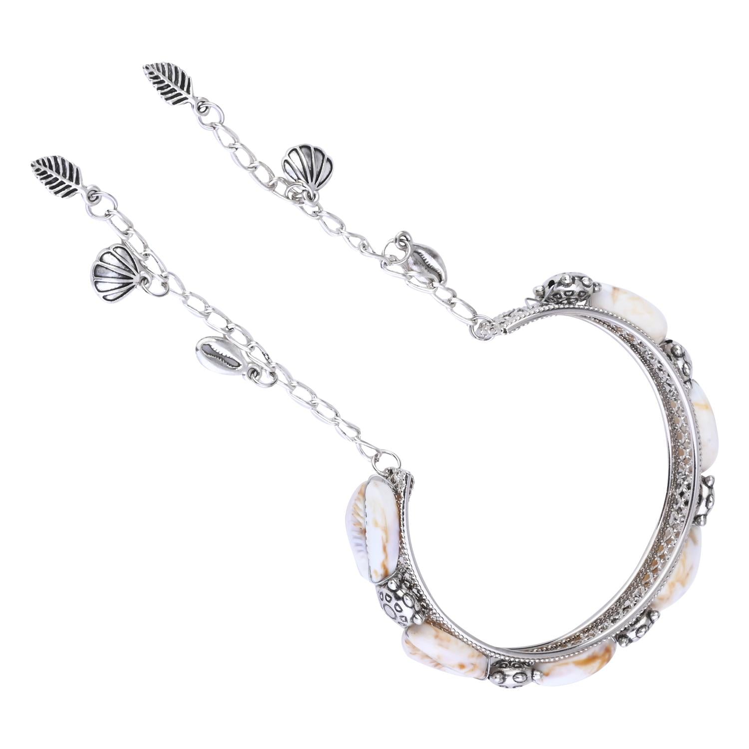 Etnico Navratri Ethnic Silver Oxidised Afghani Boho Cowrie Shell Adjustable Cuff Kada Bracelet For Women (Style 2)