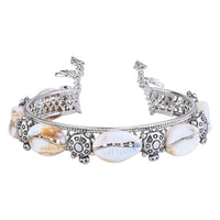 Etnico Navratri Ethnic Silver Oxidised Afghani Boho Cowrie Shell Adjustable Cuff Kada Bracelet For Women (Style 2)
