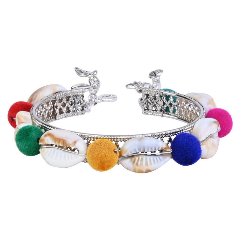 Etnico Silver Oxidised Colorful Pom-Pom & Cowrie Shell Adjustable Cuff Kada Bracelet For Women (ADB525OX)