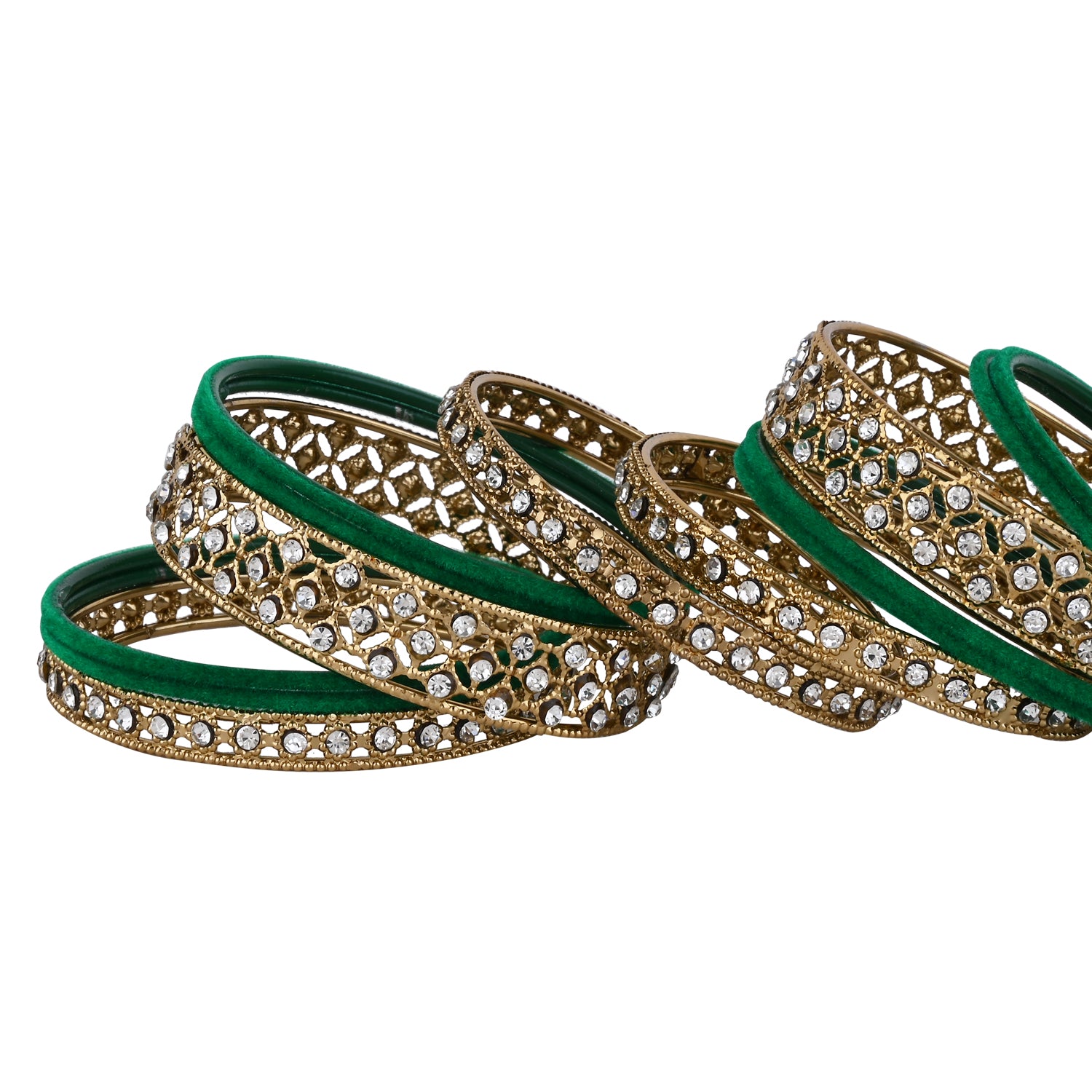 Etnico Gold Plated Traditional Royal Emerald Velvet Chuda Bangle Set Kada for Bridal/Women (Green, )