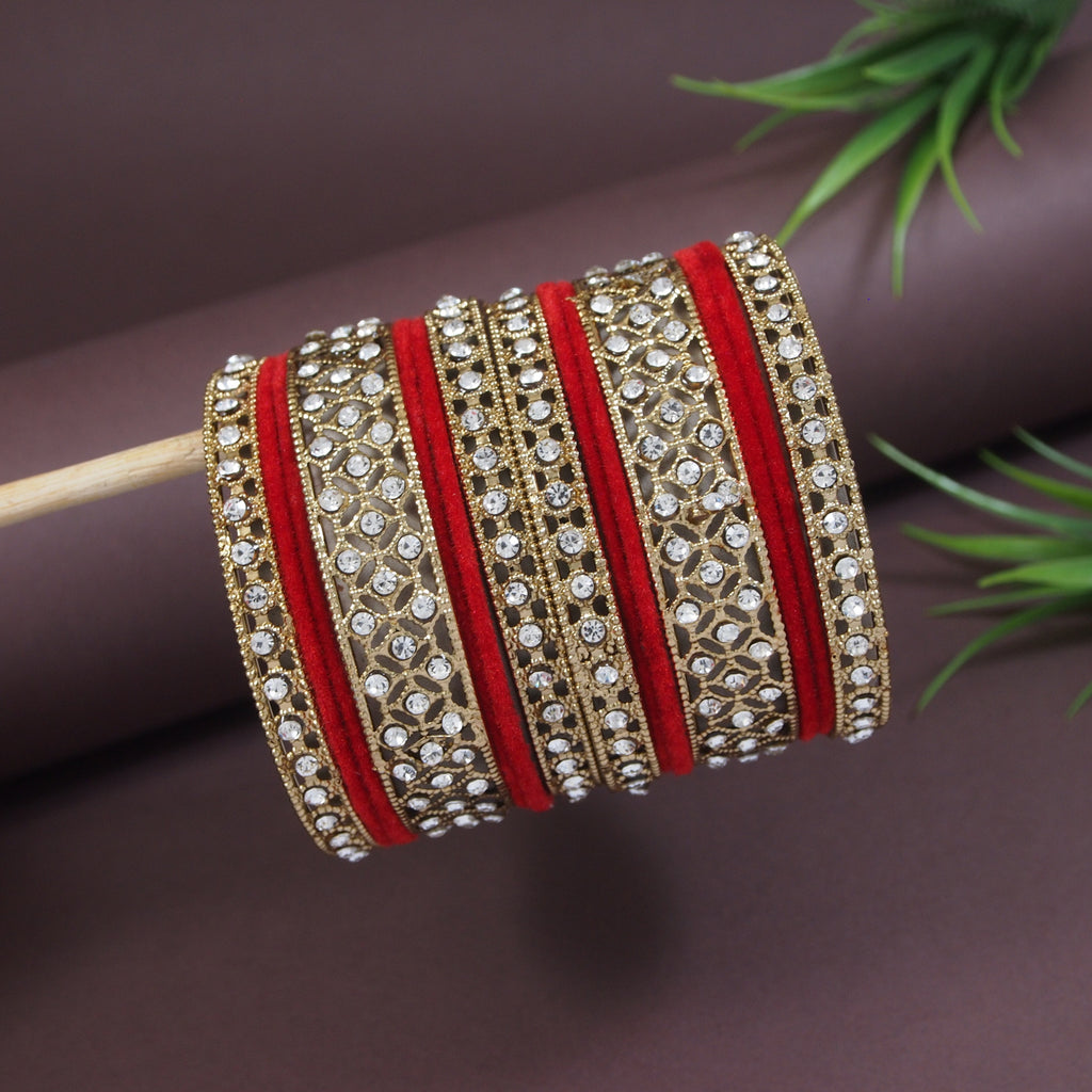 Etnico Gold Plated Traditional Royal Emerald Velvet Chuda Bangle Set Kada for Bridal/Women
