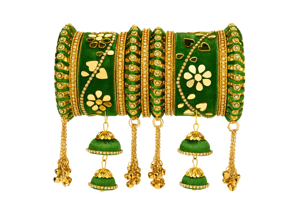 Etnico Gold Plated Traditional Velvet Matching Embellishments Work & Latkan Detailing Bangles Chuda Bangle Set for Bridal/Women