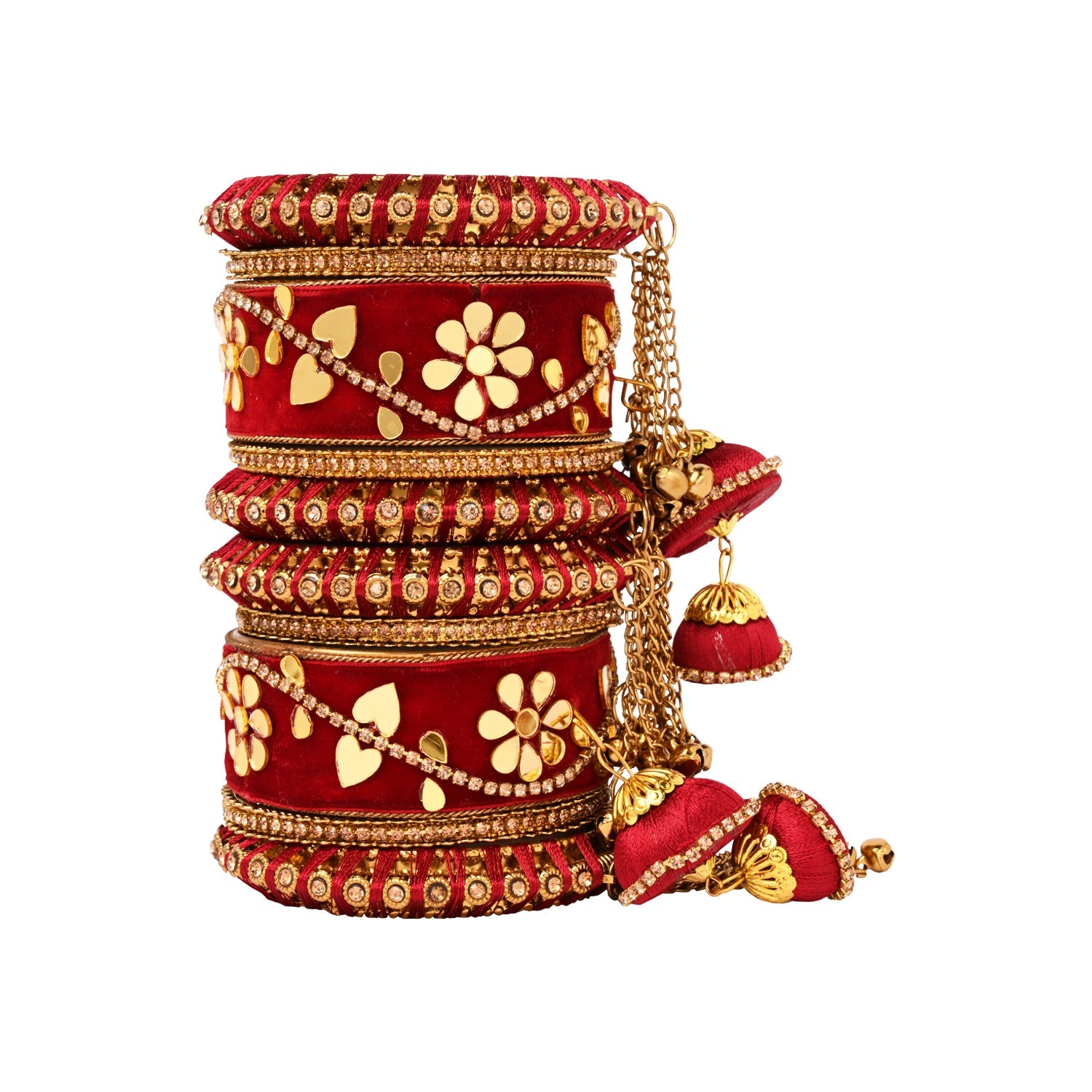 Etnico Gold Plated Traditional Velvet Matching Embellishments Work & Latkan Detailing Bangles Chuda Bangle Set for Bridal/Women (Maroon, 2.6)