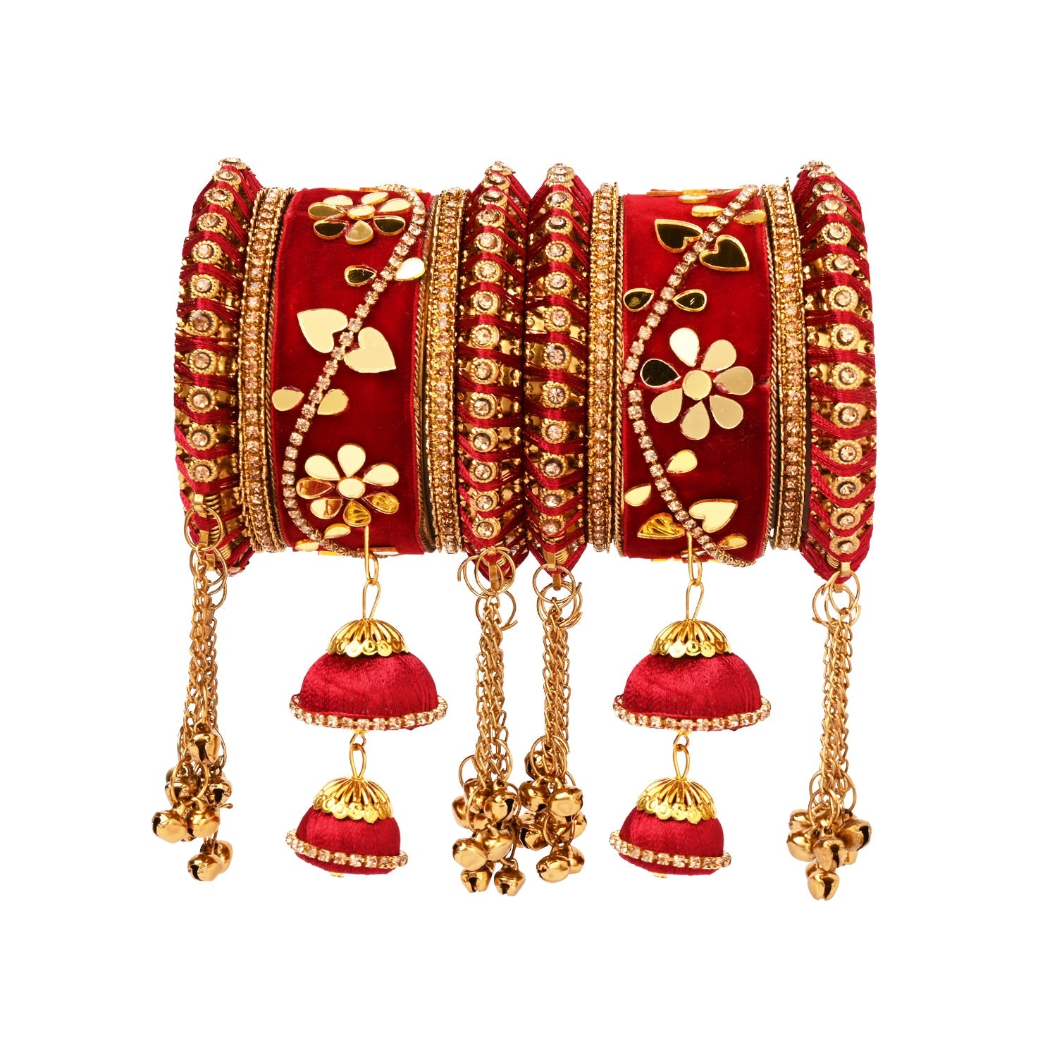 Etnico Gold Plated Traditional Velvet Matching Embellishments Work & Latkan Detailing Bangles Chuda Bangle Set for Bridal/Women (Maroon, 2.6)