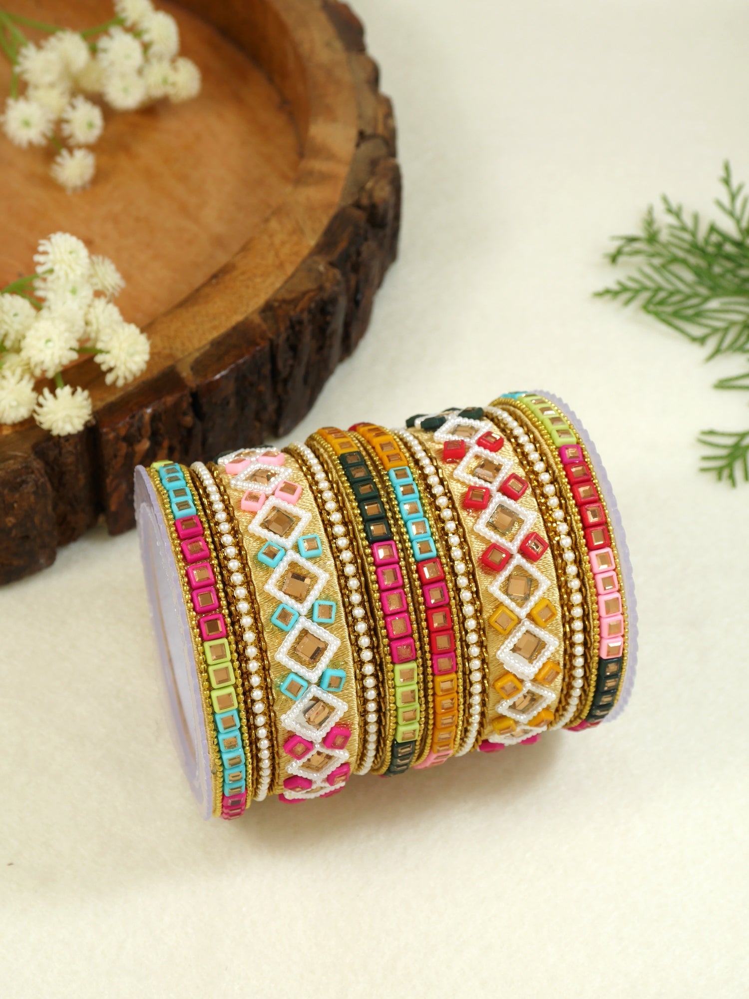Etnico Gold Plated Traditional Silk Thread Handcrafted Vibrant Multicolor Embellished Bangles Chuda Bangle Set for Bridal/Women