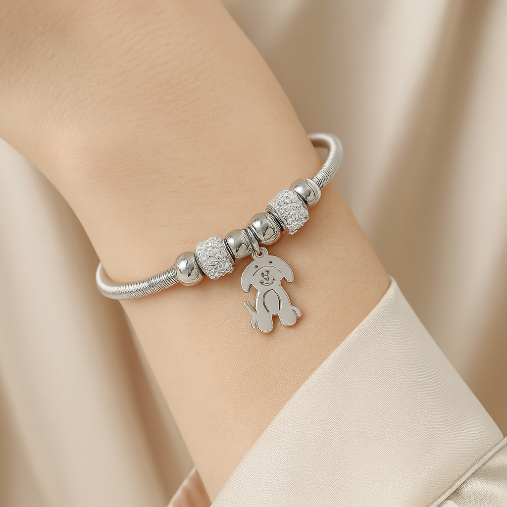 Etnico Fashion Latest Stylish Silver Plated Adjustable Dog Charm Bracelet with Stone Beads for Women