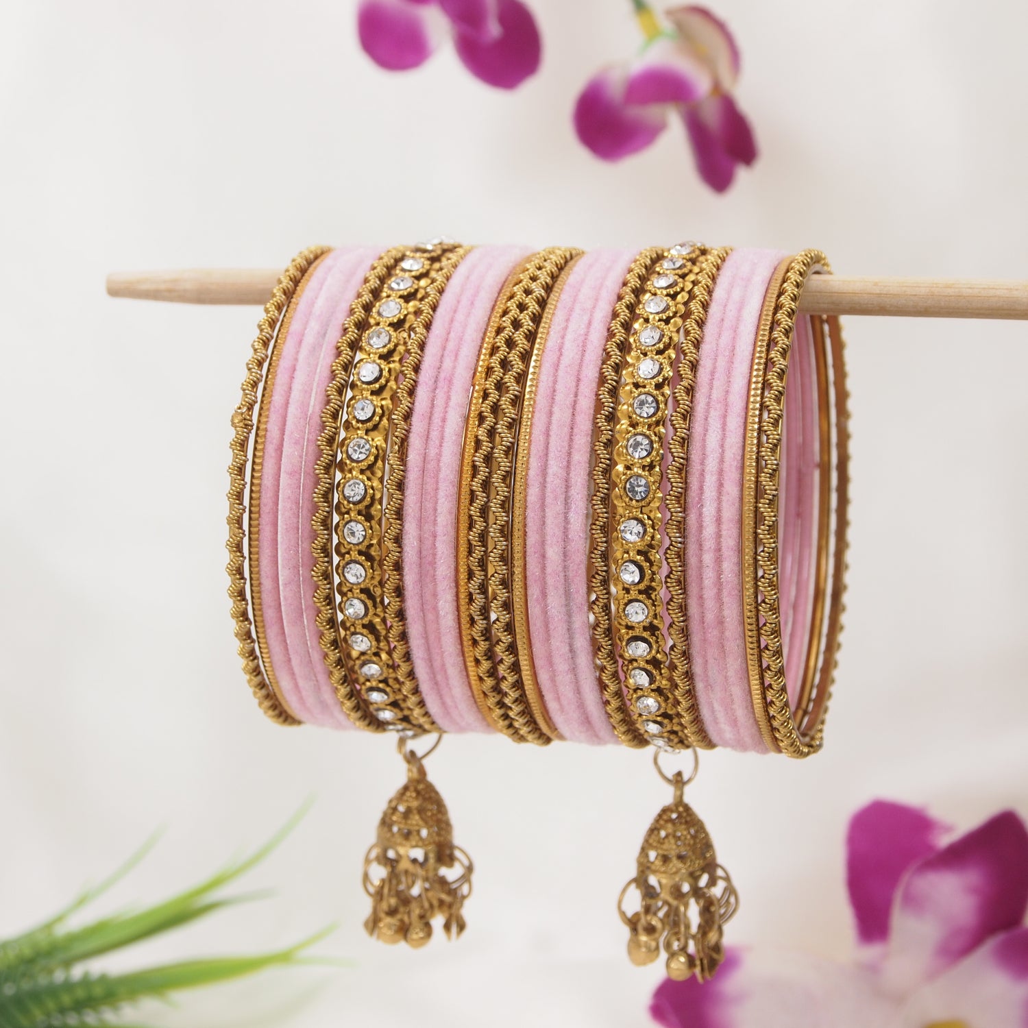 Etnico Gold Plated Traditional Handcrafted Velvet & Stone Embellished Bangles Chuda Bangle Set for Bridal/Women (ADB572Pi)