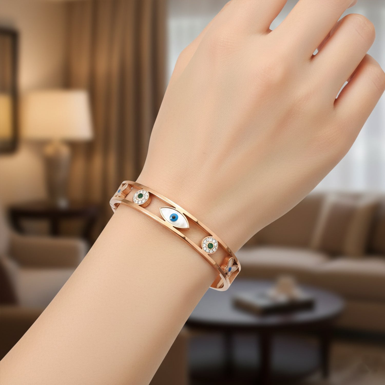 Etnico Rose Gold Plated Fashion Stylish Evil Eye Kada Bracelet for Women