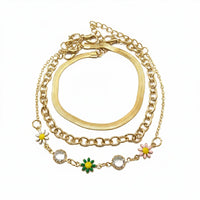 Etnico Gold Plated Fashion Stylish Layered Floral Charm Set of 3 Bracelets for Women