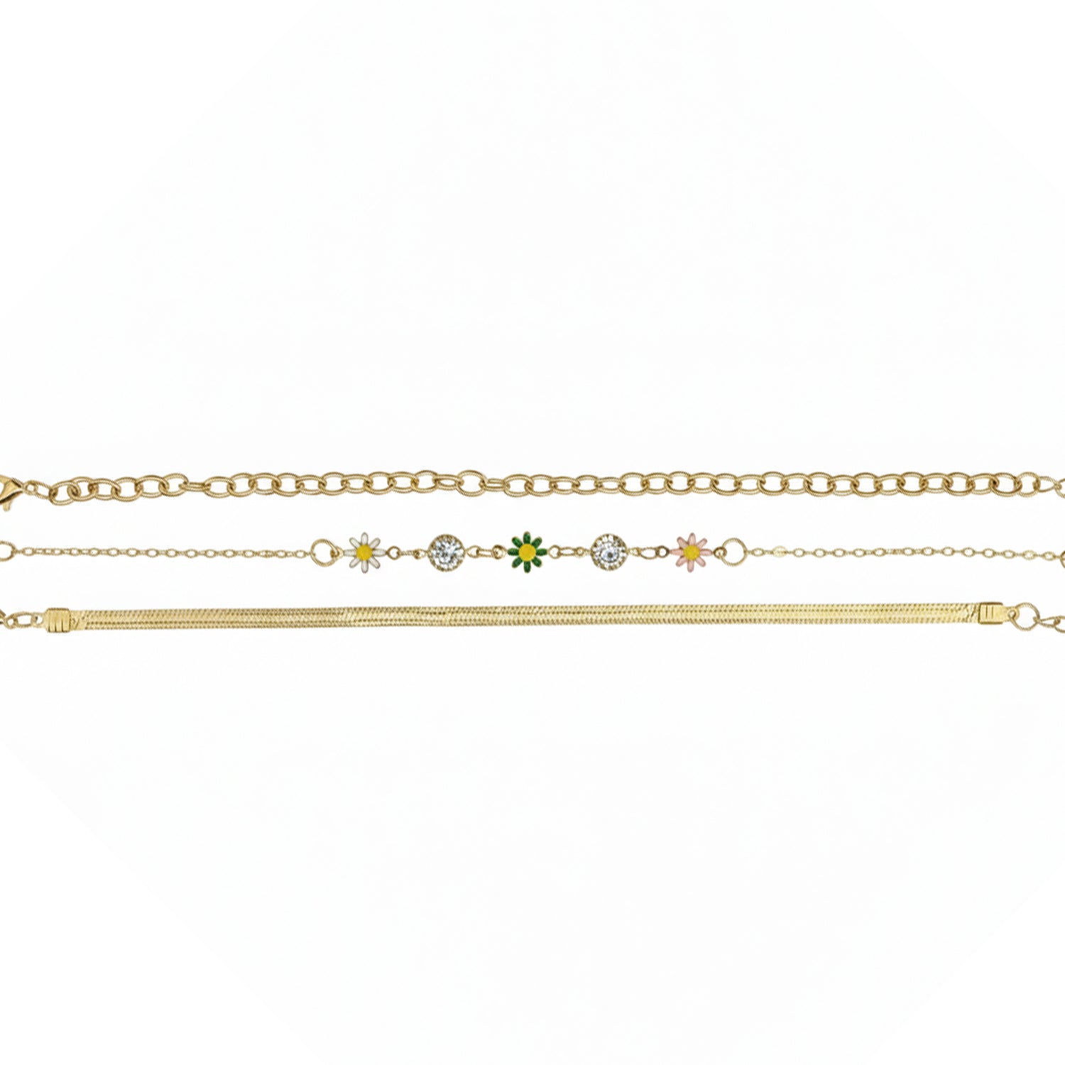 Etnico Gold Plated Fashion Stylish Layered Floral Charm Set of 3 Bracelets for Women