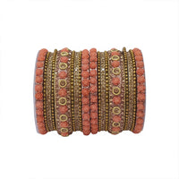 Etnico Gold Plated Traditional Floral Embellished Work Bangles Chuda Bangle Set for Bridal/Women (Peach, )