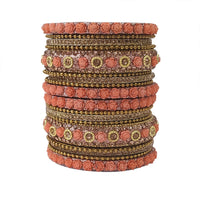 Etnico Gold Plated Traditional Floral Embellished Work Bangles Chuda Bangle Set for Bridal/Women (Peach, )