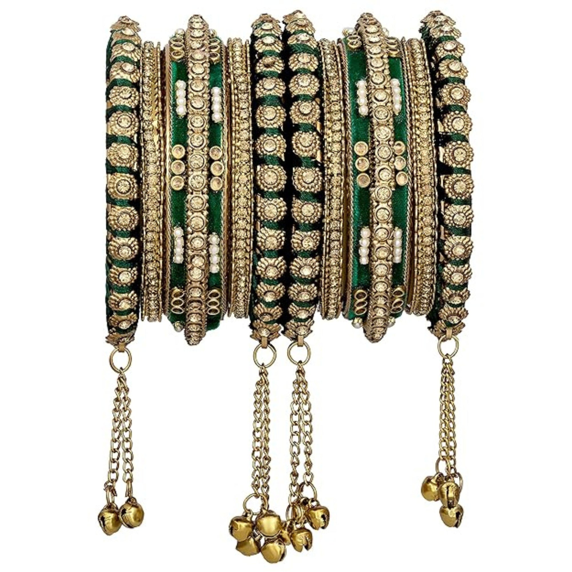 Etnico Gold Plated Traditional Velvet Embellished Work & Ghungroo Latkan Detailing Bangles Chuda Bangle Set for Bridal/Women