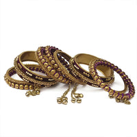 Etnico Gold Plated Traditional Velvet Embellished Work & Ghungroo Latkan Detailing Bangles Chuda Bangle Set for Bridal/Women (Wine, )