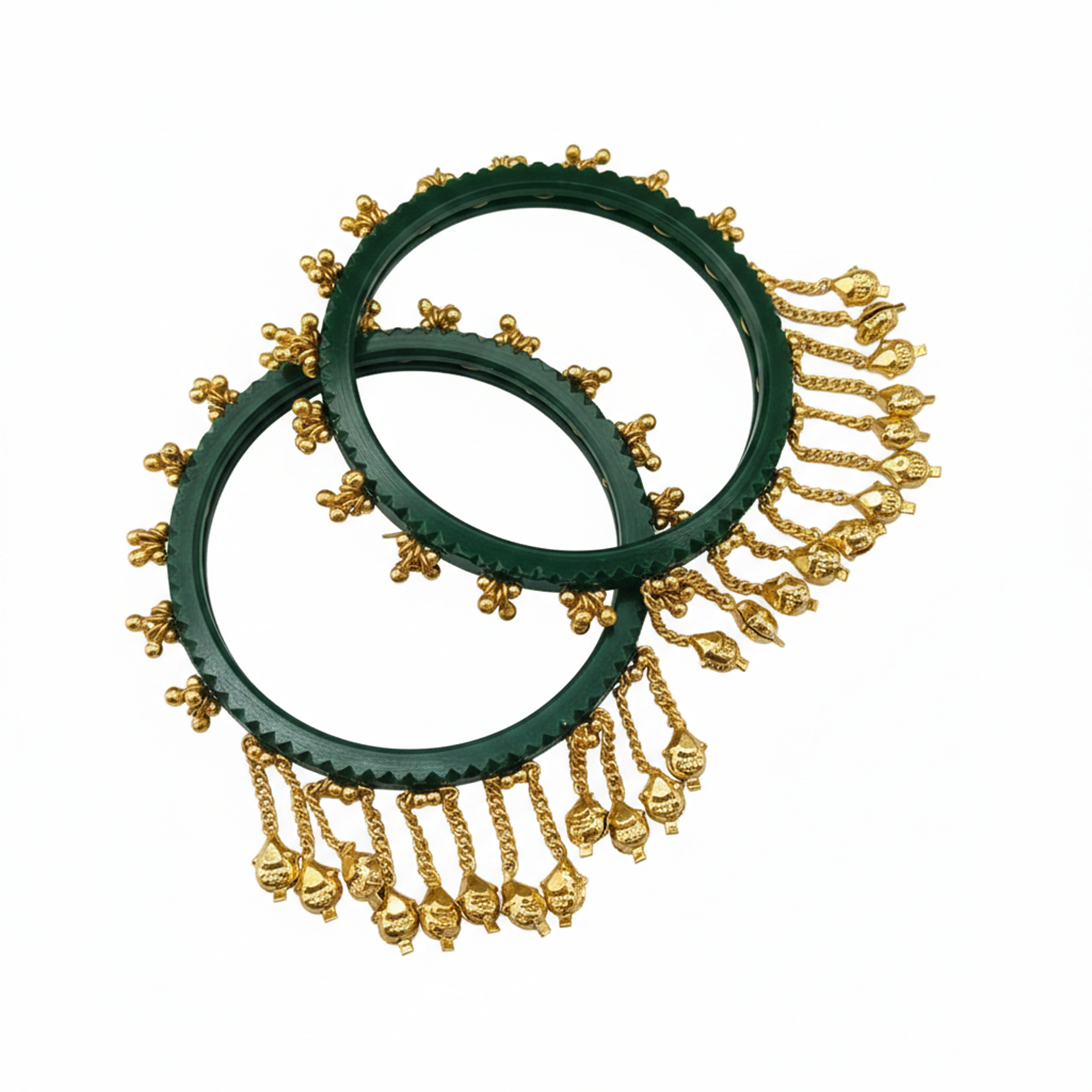 Etnico Traditional Green Bangles with Brass Stud Detailing and Hanging Ghungroo Charms for Women (ADB595G)