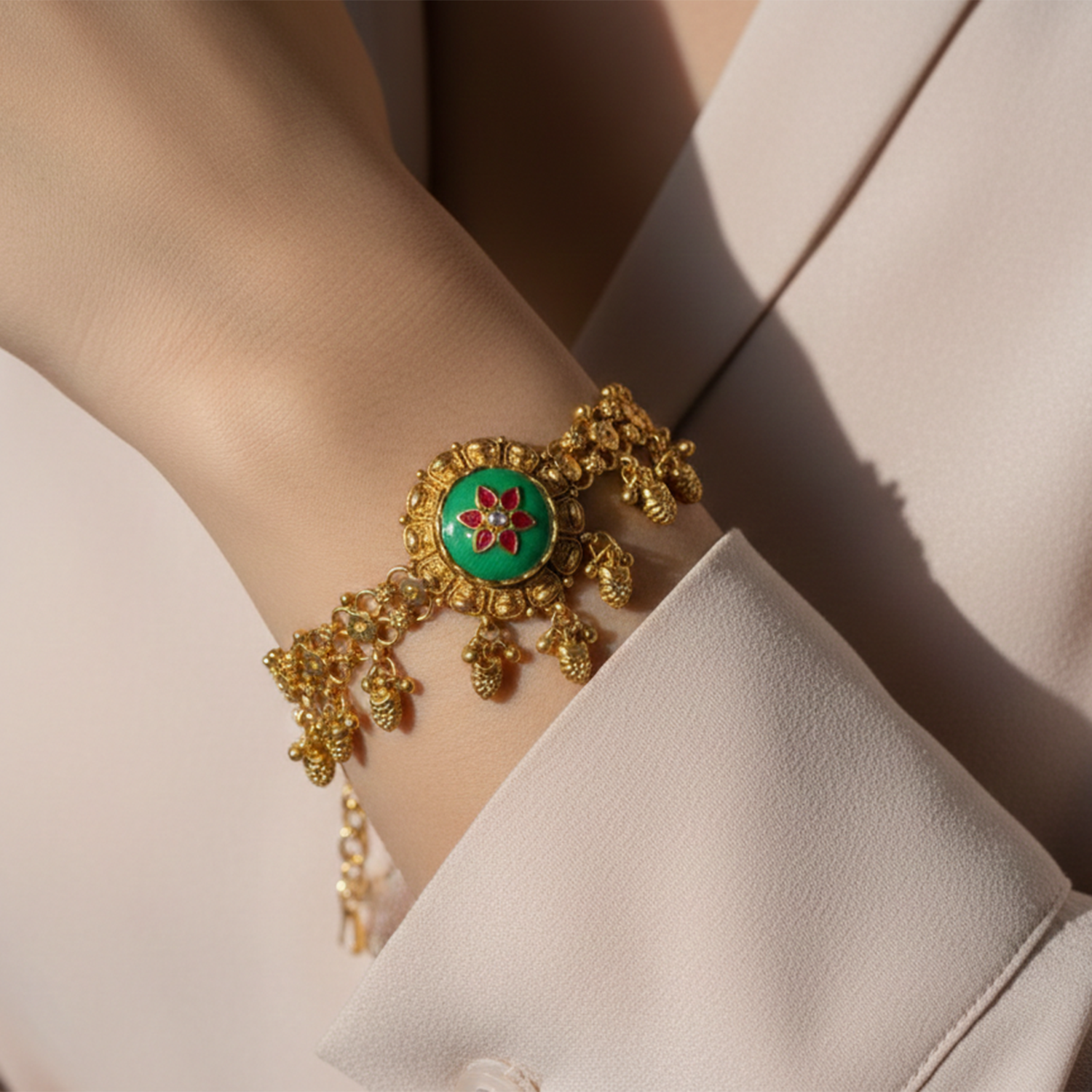 Etnico Traditional Gold Plated Brass Floral Motif Adjustable Bracelet for Women
