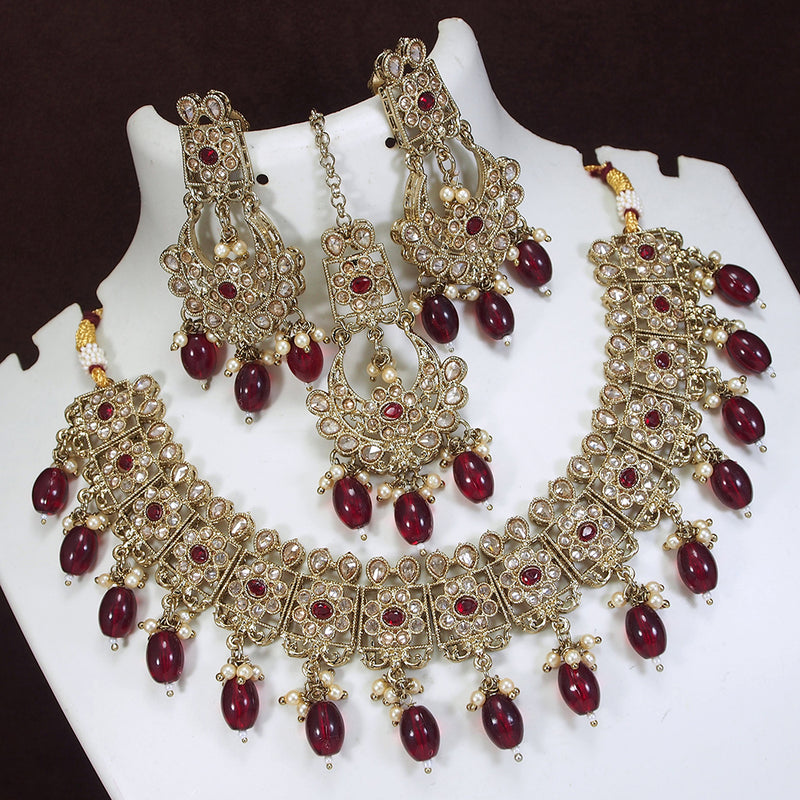 LALSO Antique Gold plated Necklace Jewelry Set With Maangtika