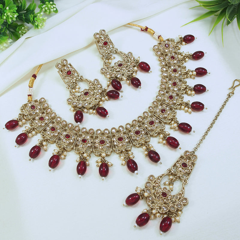 LALSO Antique Gold plated Necklace Jewelry Set With Maangtika