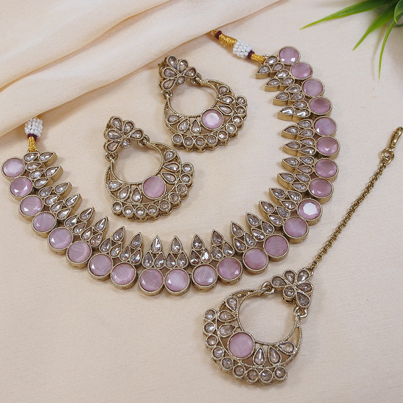 LALSO Stunning Gold plated AD/Zircon Work Necklace Jewelry Set With Maangtika