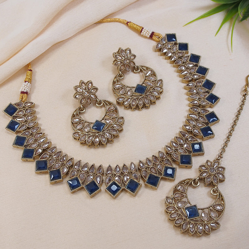 LALSO Stunning Montana  Gold plated AD/Zircon Work Necklace Jewelry Set With Maangtika