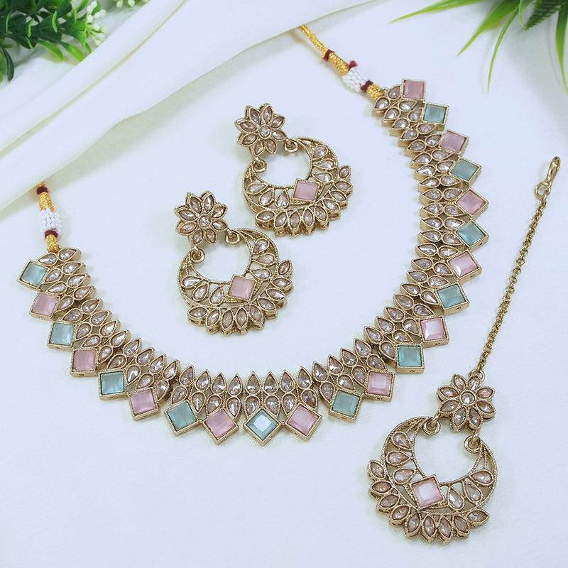 LALSO Stunning Montana  Gold plated AD/Zircon Work Necklace Jewelry Set With Maangtika