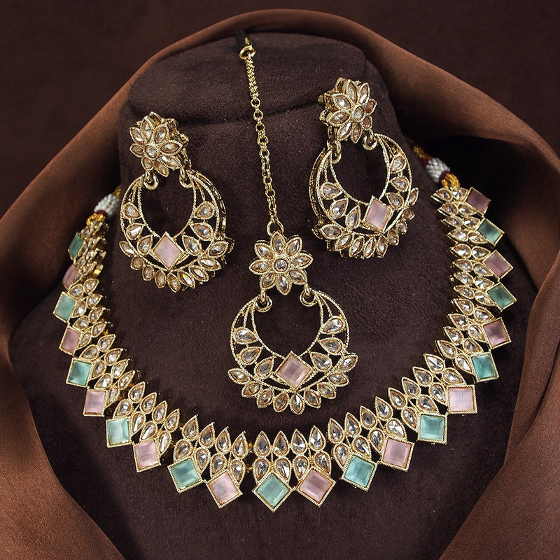 LALSO Stunning Montana  Gold plated AD/Zircon Work Necklace Jewelry Set With Maangtika