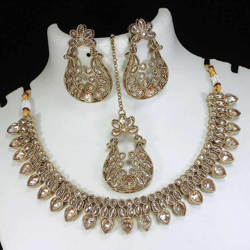 LALSO Champaigne Gold Antique Gold plated AD/Zircon Work Necklace Jewelry Set With Maangtika