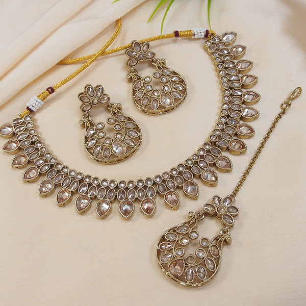 LALSO Champaigne Gold Antique Gold plated AD/Zircon Work Necklace Jewelry Set With Maangtika